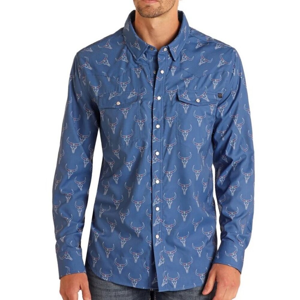 Rock & Roll Denim Men's Long Sleeve Tek Longhorn Print Snap Shirt Periwinkle